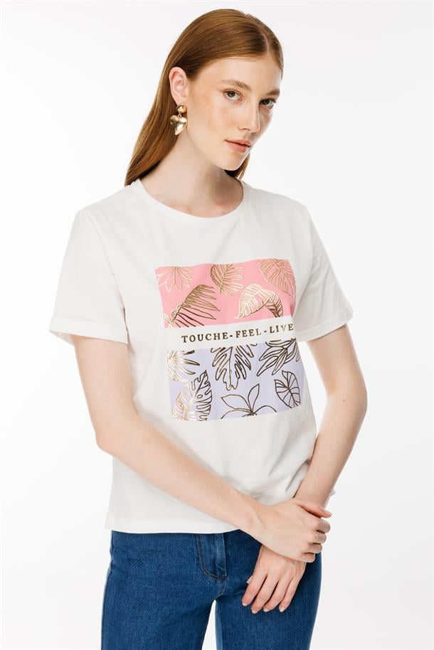 Bloklu Baskı Desen Tişört-EKRU