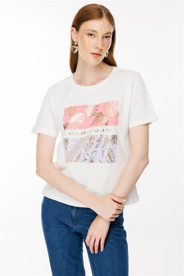 Bloklu Baskı Desen Tişört-EKRU