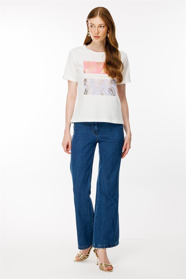 Bloklu Baskı Desen Tişört-EKRU