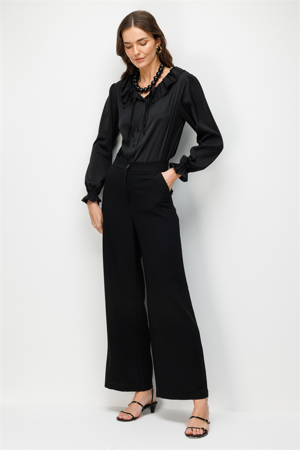 Bol Paça Krep Pantolon-SİYAH