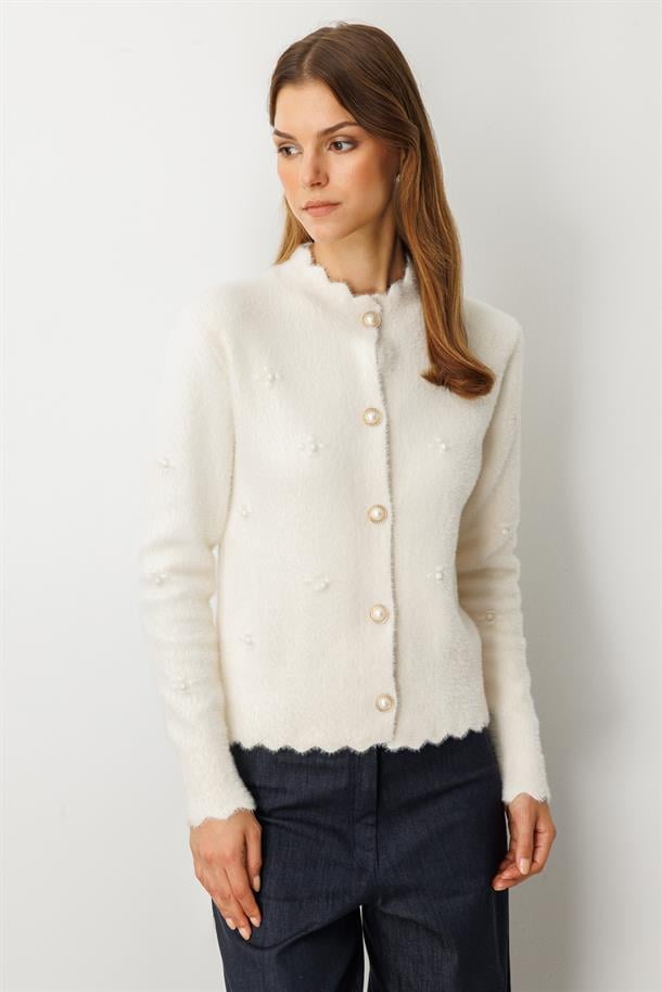 Boncuk Detaylı Triko Hırka-KREM