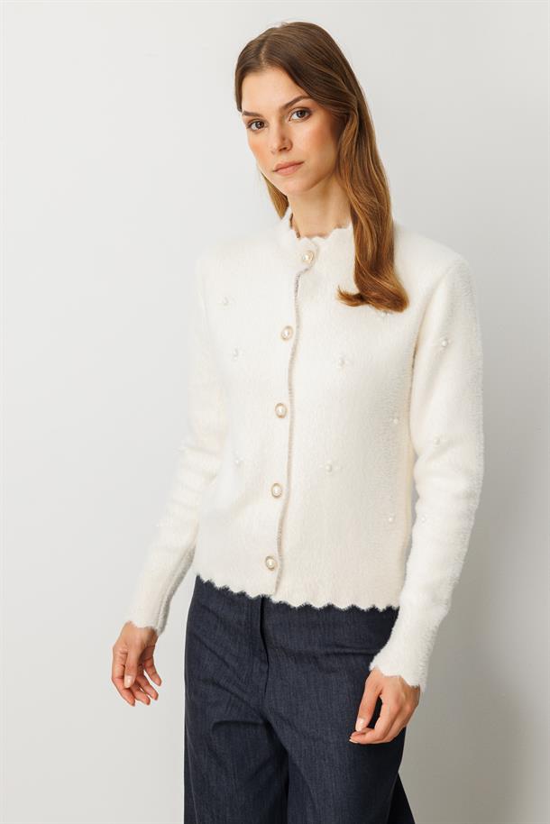 Boncuk Detaylı Triko Hırka-KREM