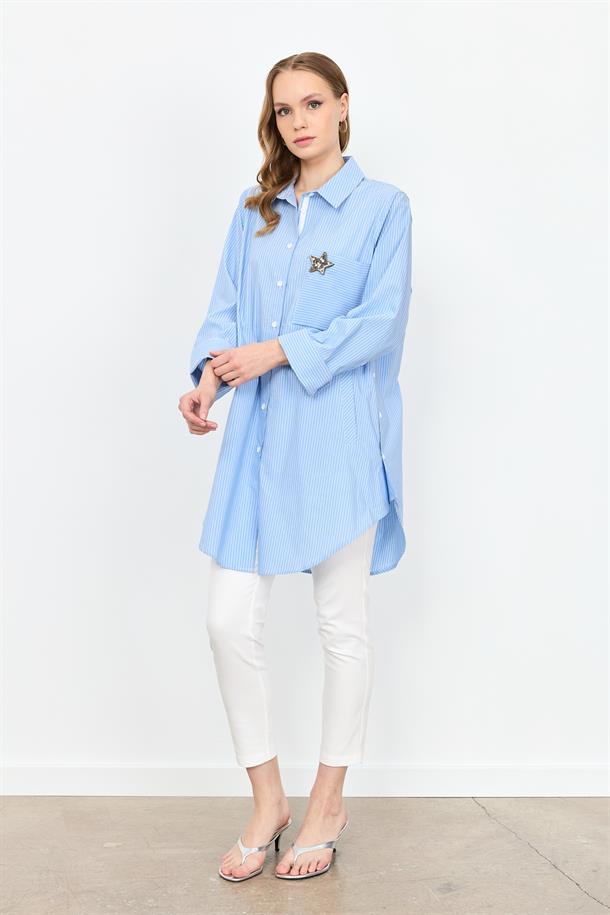 Broş Detay Çizgili Tunik Gömlek-MAVİ