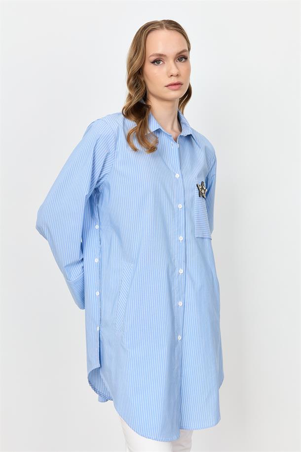 Broş Detay Çizgili Tunik Gömlek-MAVİ