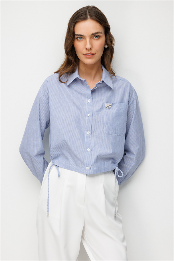 Broş Detaylı Çizgili Gömlek-MAVİ