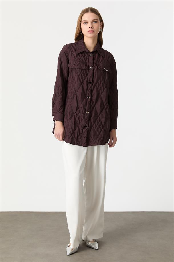 Broş Detaylı Kapitone Tunik Gömlek-MÜRDÜM