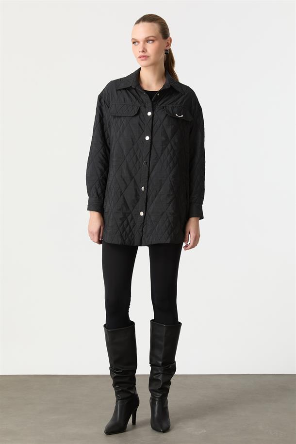 Broş Detaylı Kapitone Tunik Gömlek-SİYAH