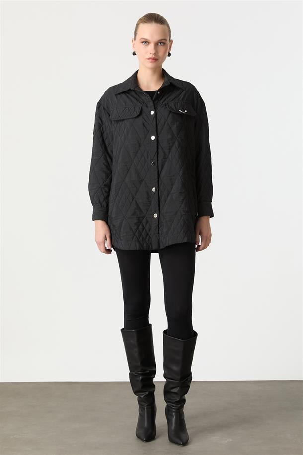 Broş Detaylı Kapitone Tunik Gömlek-SİYAH