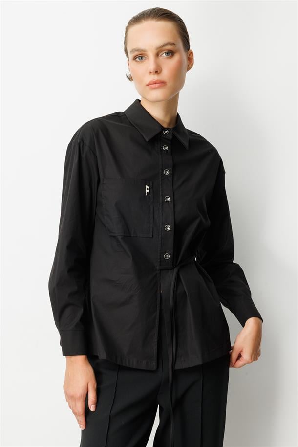 Broşlu Bağlama Detay Gömlek-SİYAH