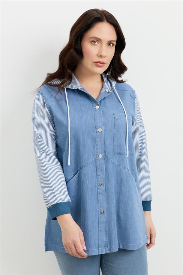 Büyük Beden 3 Cep Kapüşonlu Gömlek-MAVİ