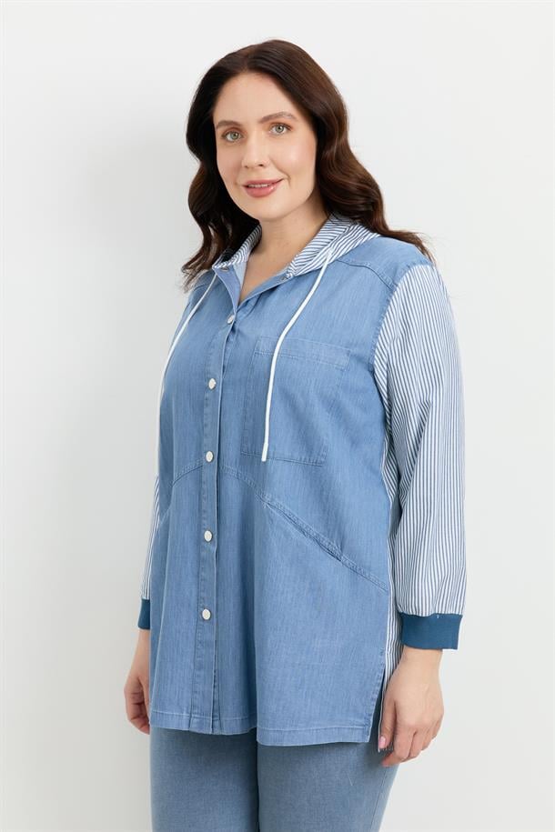 Büyük Beden 3 Cep Kapüşonlu Gömlek-MAVİ