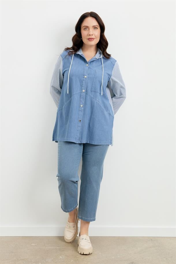 Büyük Beden 3 Cep Kapüşonlu Gömlek-MAVİ