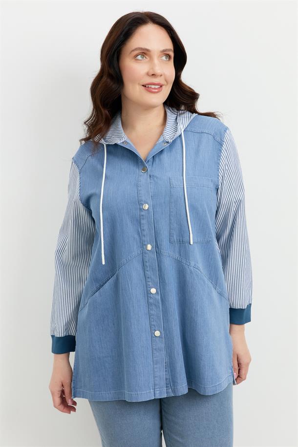 Büyük Beden 3 Cep Kapüşonlu Gömlek-MAVİ
