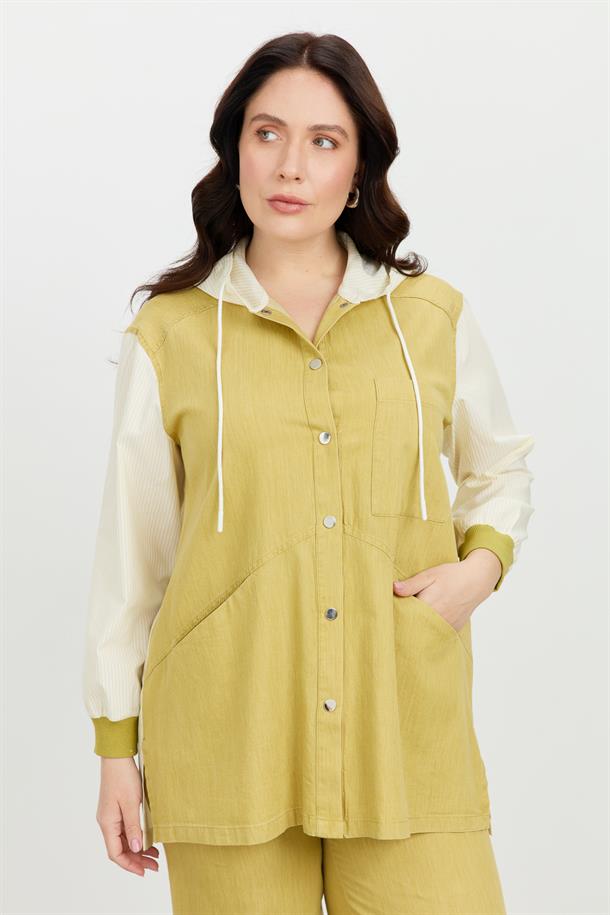 Büyük Beden 3 Cep Kapüşonlu Gömlek-SARI