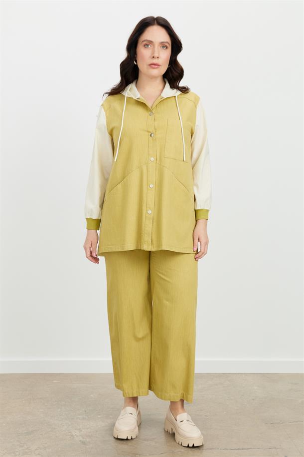 Büyük Beden 3 Cep Kapüşonlu Gömlek-SARI