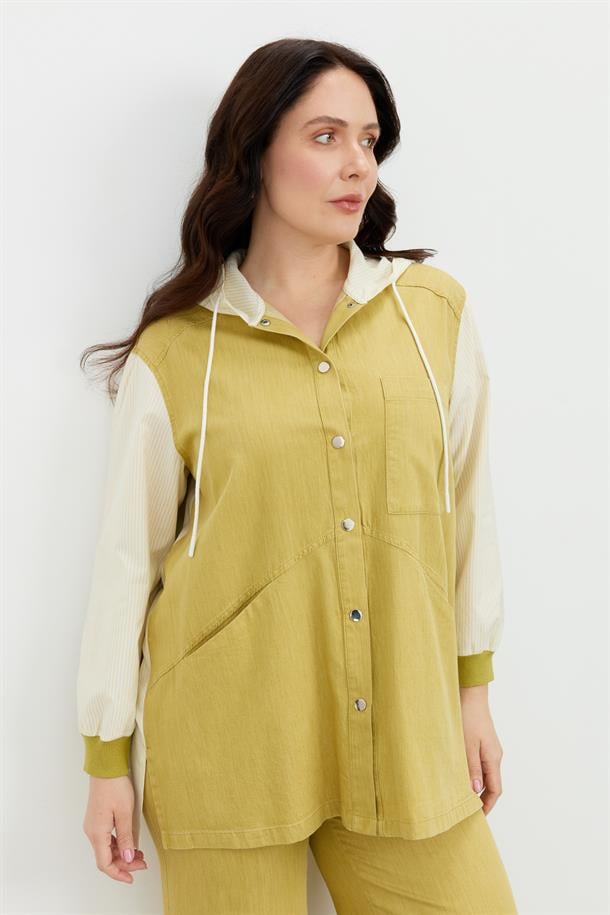 Büyük Beden 3 Cep Kapüşonlu Gömlek-SARI