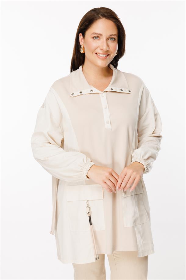 Büyük Beden Ayarlanabilir İp Detaylı Spor Tunik-BEJ