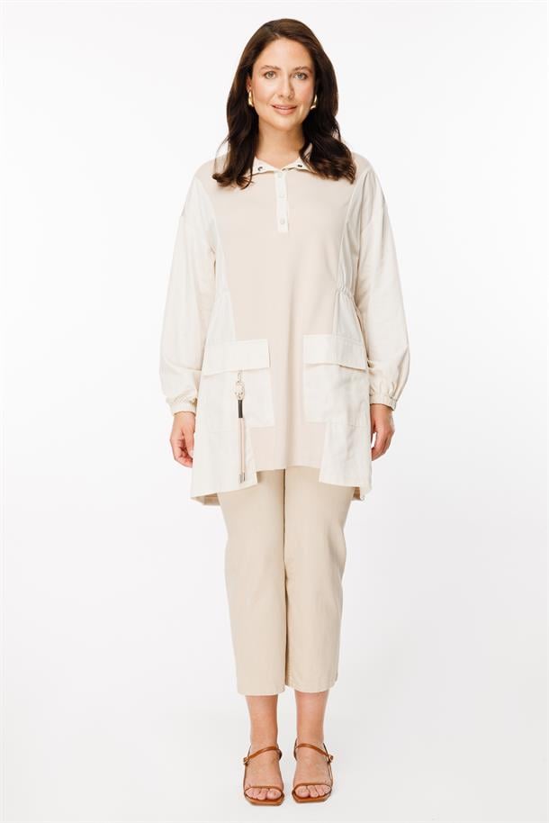 Büyük Beden Ayarlanabilir İp Detaylı Spor Tunik-BEJ