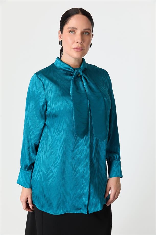 Büyük Beden Bağlama Detaylı Tunik Gömlek-PETROL