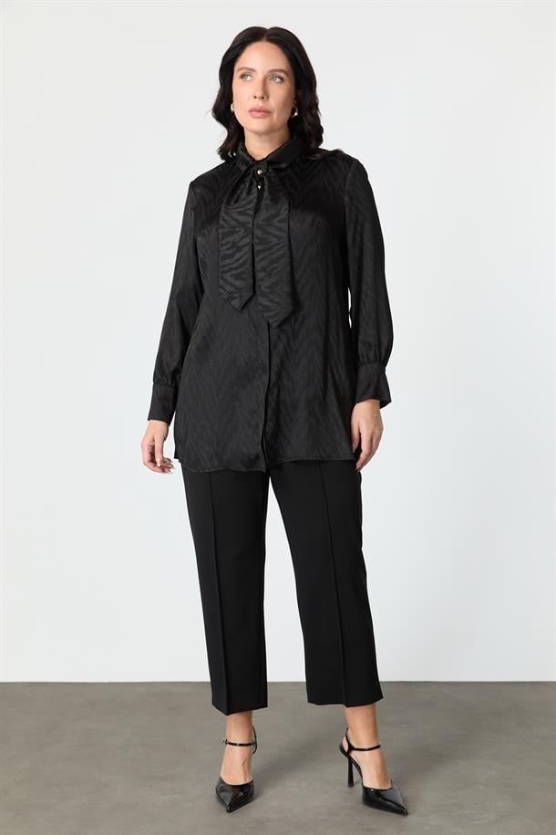 Büyük Beden Bağlama Detaylı Tunik Gömlek-SİYAH