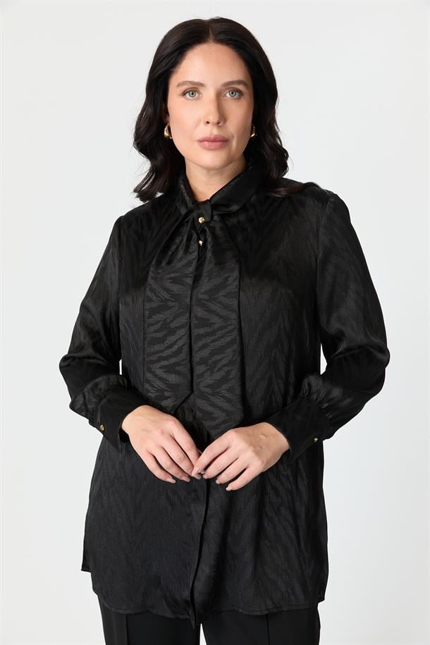 Büyük Beden Bağlama Detaylı Tunik Gömlek-SİYAH