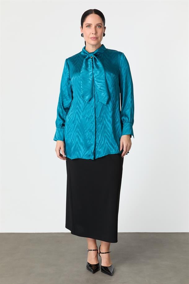 Büyük Beden Bağlama Detaylı Tunik Gömlek-PETROL