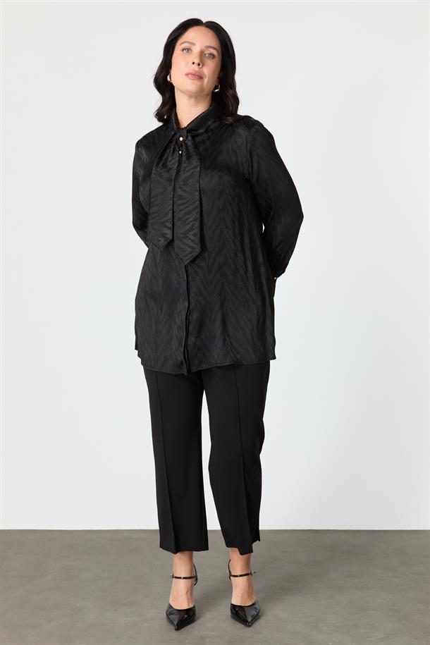 Büyük Beden Bağlama Detaylı Tunik Gömlek-SİYAH