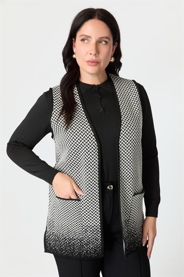 Büyük Beden Başak Desenli Triko Yelek-SİYAH