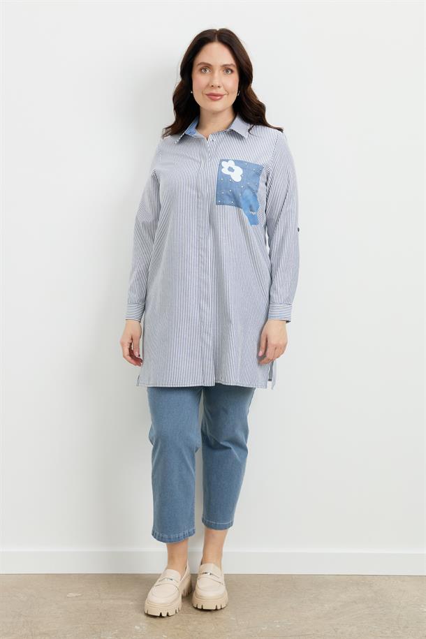 Büyük Beden Baskı Detay Gömlek Tunik-MAVİ