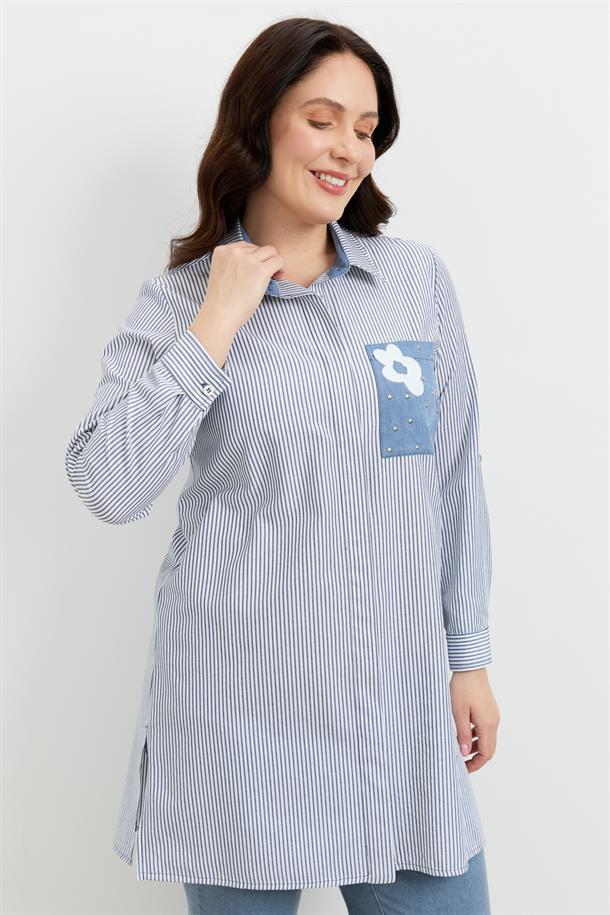 Büyük Beden Baskı Detay Gömlek Tunik-MAVİ