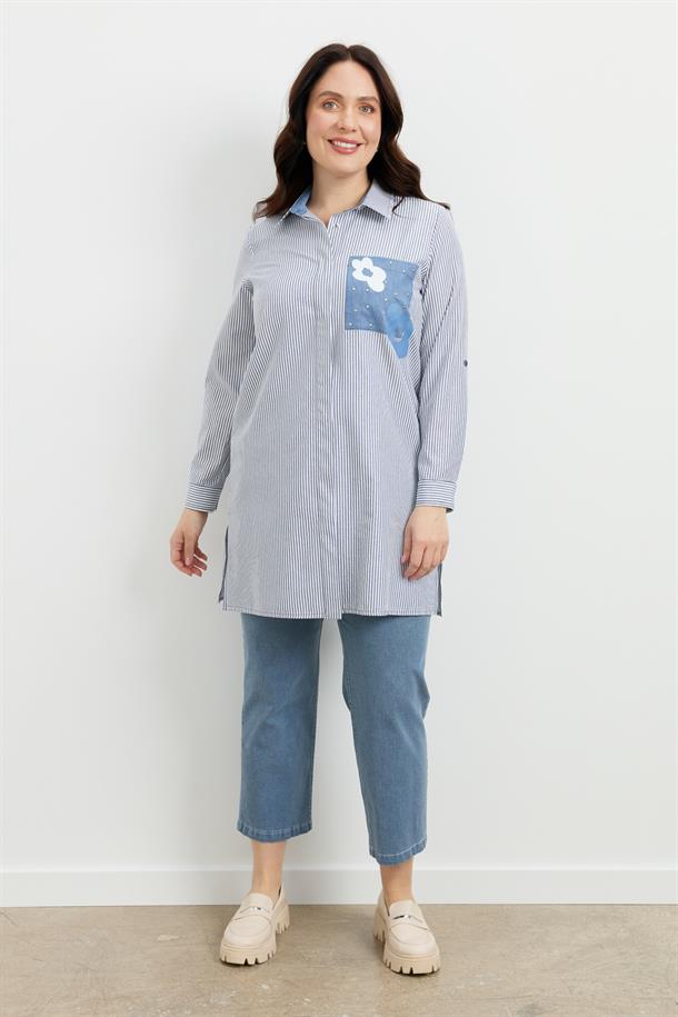 Büyük Beden Baskı Detay Gömlek Tunik-MAVİ