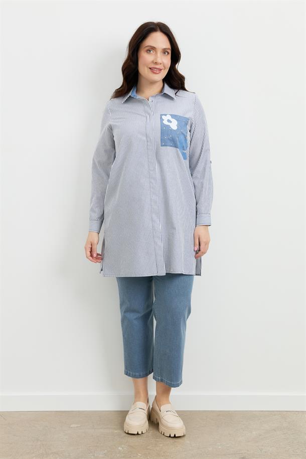 Büyük Beden Baskı Detay Gömlek Tunik-MAVİ