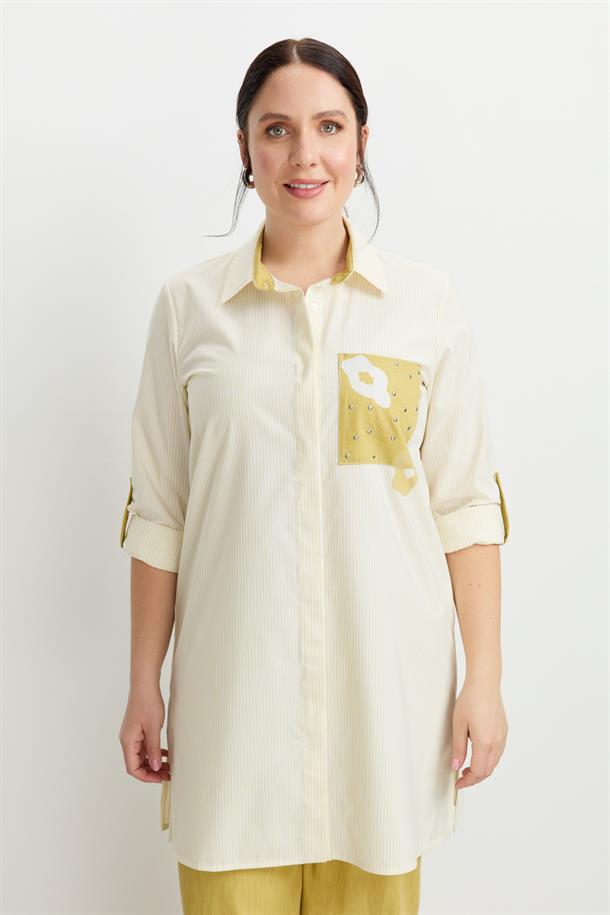 Büyük Beden Baskı Detay Gömlek Tunik-SARI