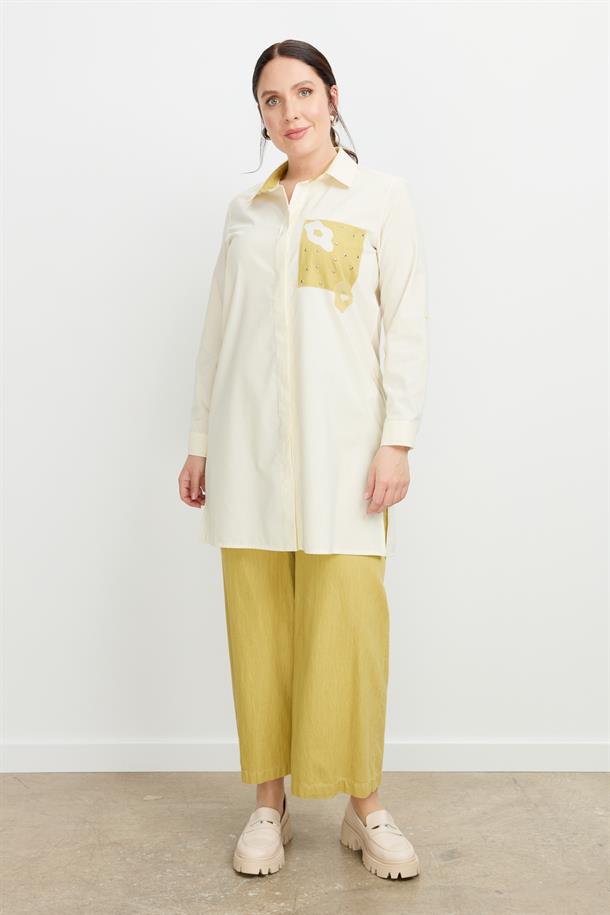 Büyük Beden Baskı Detay Gömlek Tunik-SARI