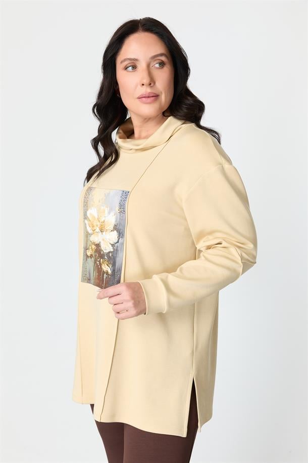 Büyük Beden Baskı Detaylı Bluz-BEJ