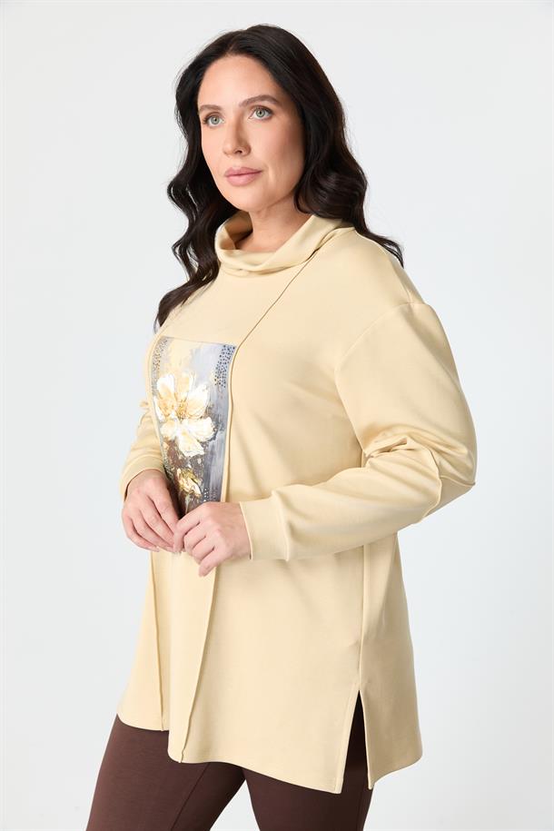 Büyük Beden Baskı Detaylı Bluz-BEJ