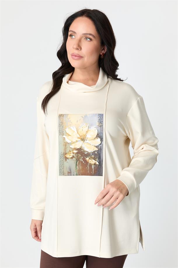 Büyük Beden Baskı Detaylı Bluz-EKRU