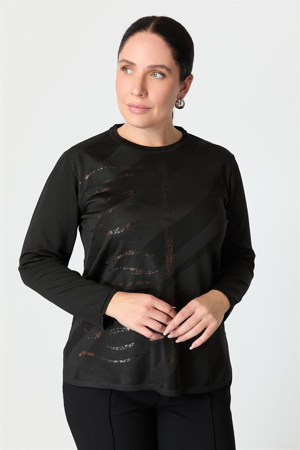 Büyük Beden Baskı Detaylı Triko Kazak-SİYAH