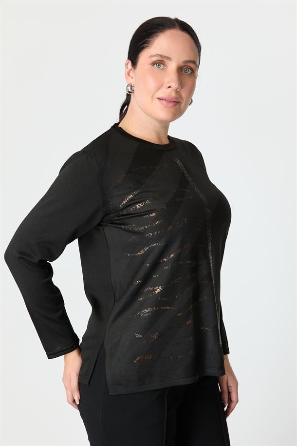 Büyük Beden Baskı Detaylı Triko Kazak-SİYAH