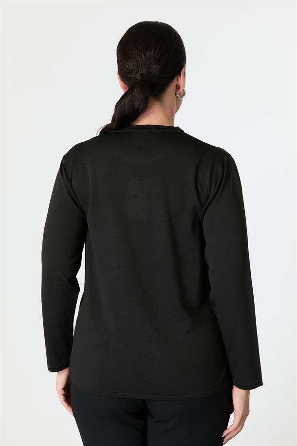 Büyük Beden Baskı Detaylı Triko Kazak-SİYAH