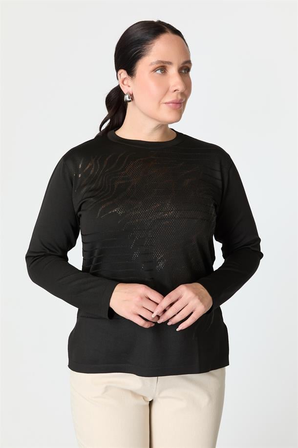 Büyük Beden Baskılı Triko Kazak-SİYAH