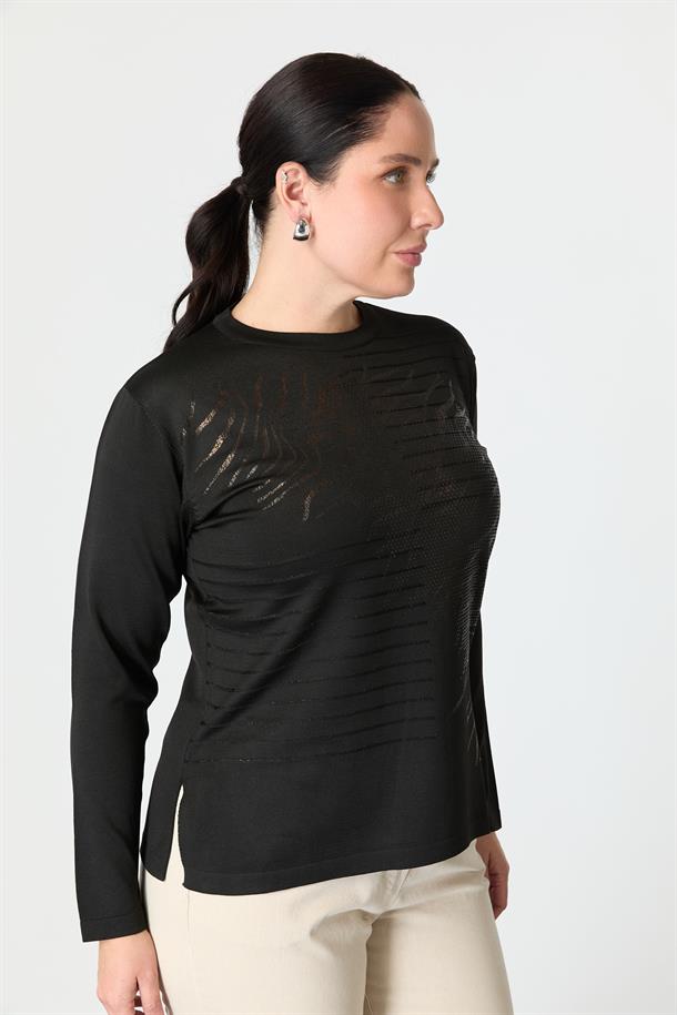 Büyük Beden Baskılı Triko Kazak-SİYAH