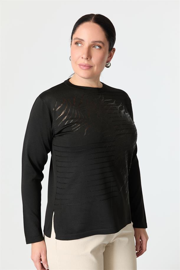 Büyük Beden Baskılı Triko Kazak-SİYAH