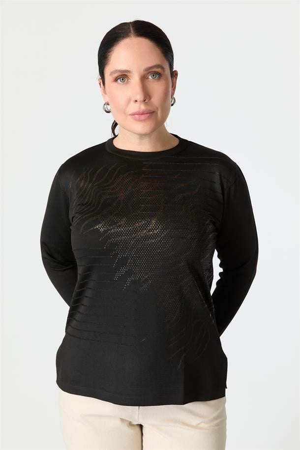 Büyük Beden Baskılı Triko Kazak-SİYAH