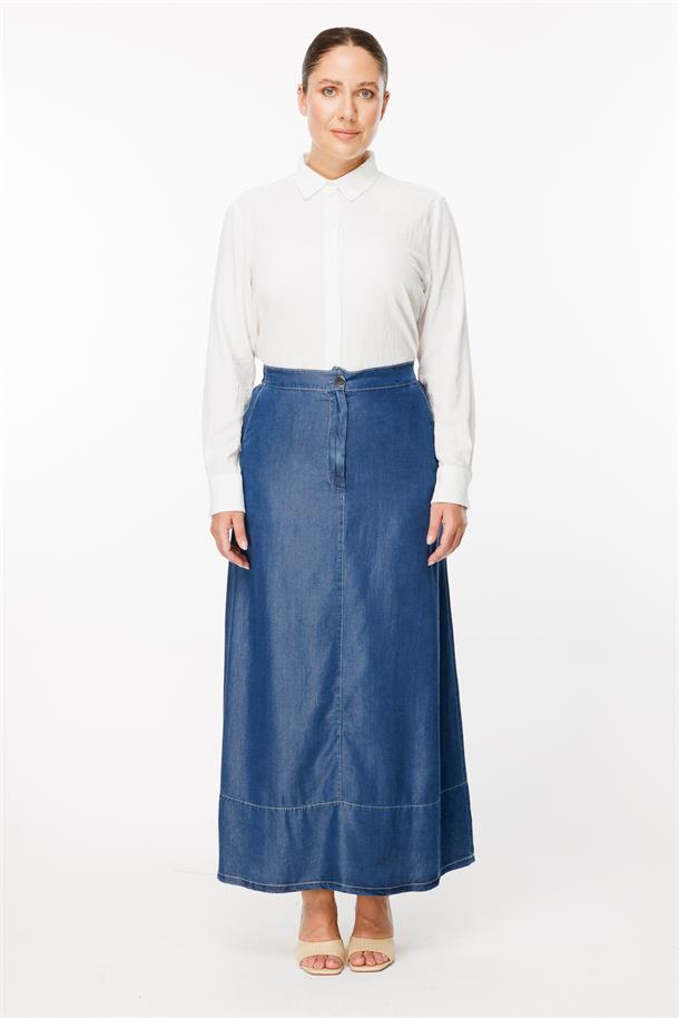 Büyük Beden Beli Lastikli Kot Etek-K.MAVI