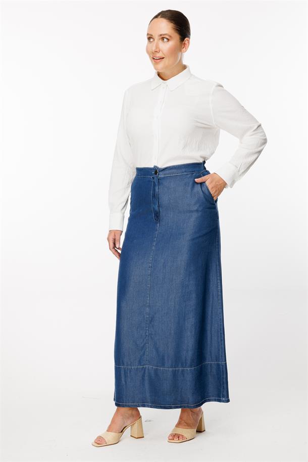 Büyük Beden Beli Lastikli Kot Etek-K.MAVI