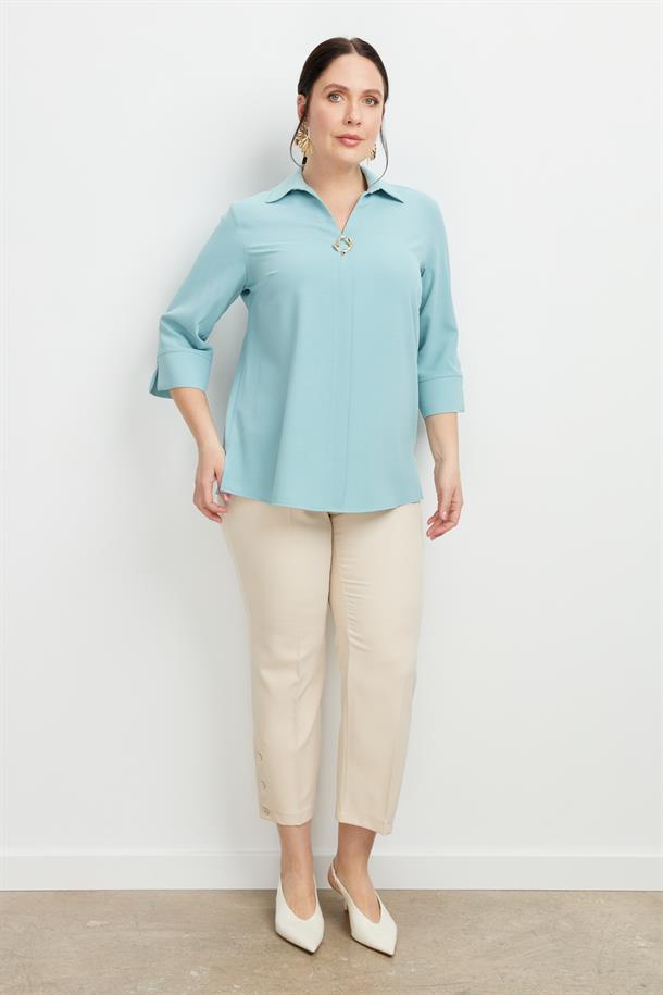 Büyük Beden Broş Detaylı Gömlek-MINT
