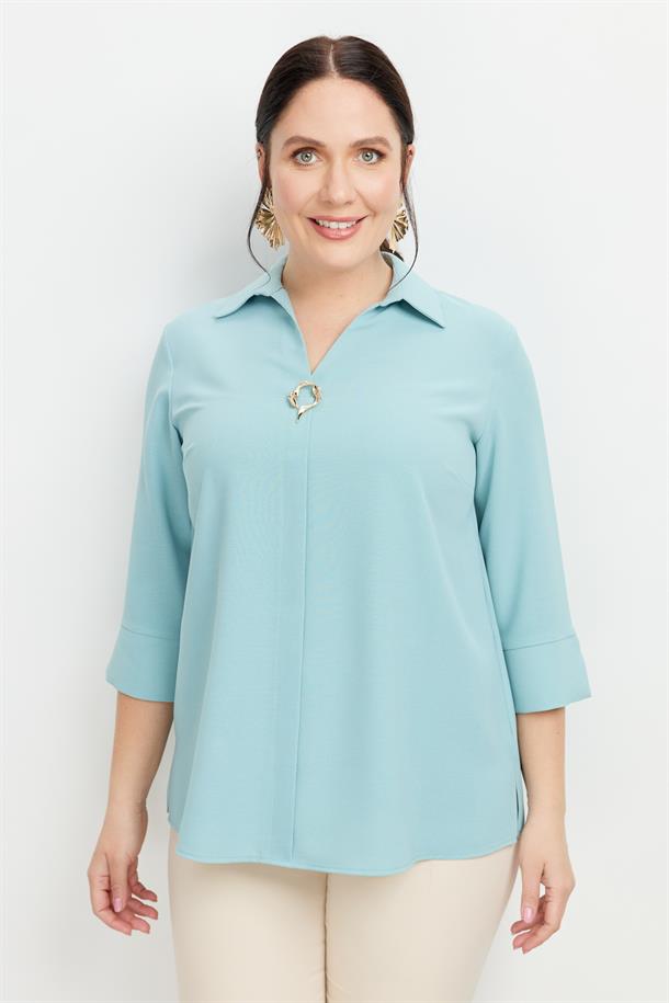 Büyük Beden Broş Detaylı Gömlek-MINT