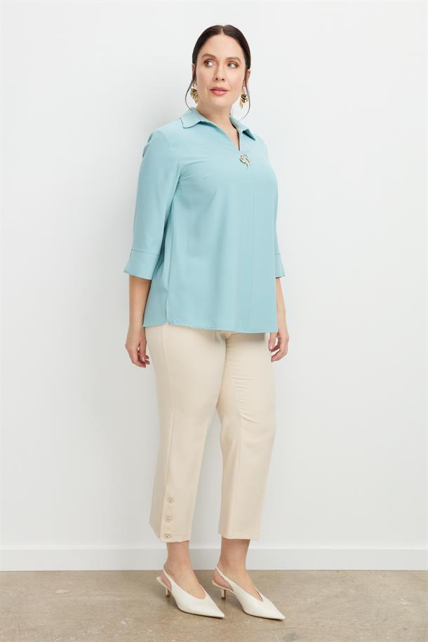 Büyük Beden Broş Detaylı Gömlek-MINT