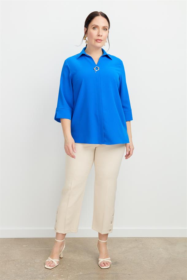 Büyük Beden Broş Detaylı Gömlek-SAX